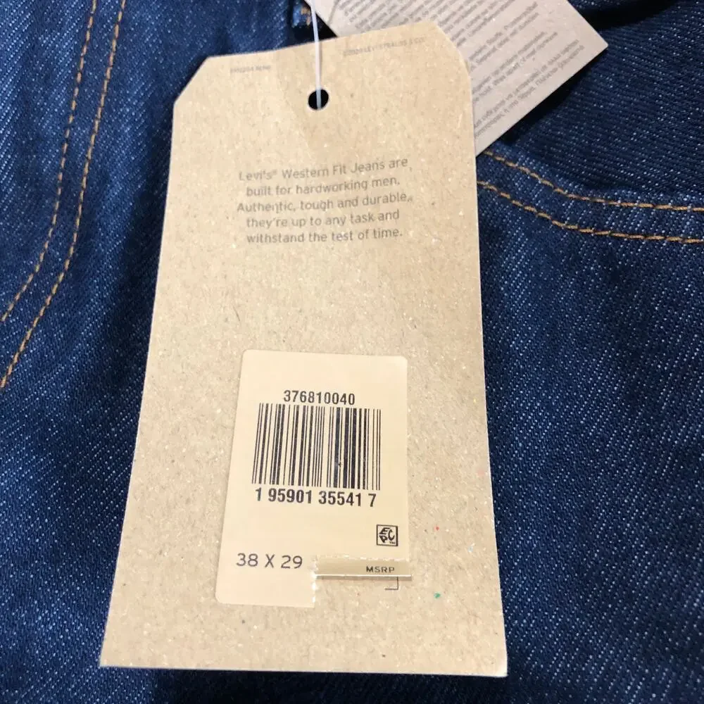 NEW Levi's Western Fit Jeans Mens 38x29 Straight Leg 100% Cotton Blue Denim Dark